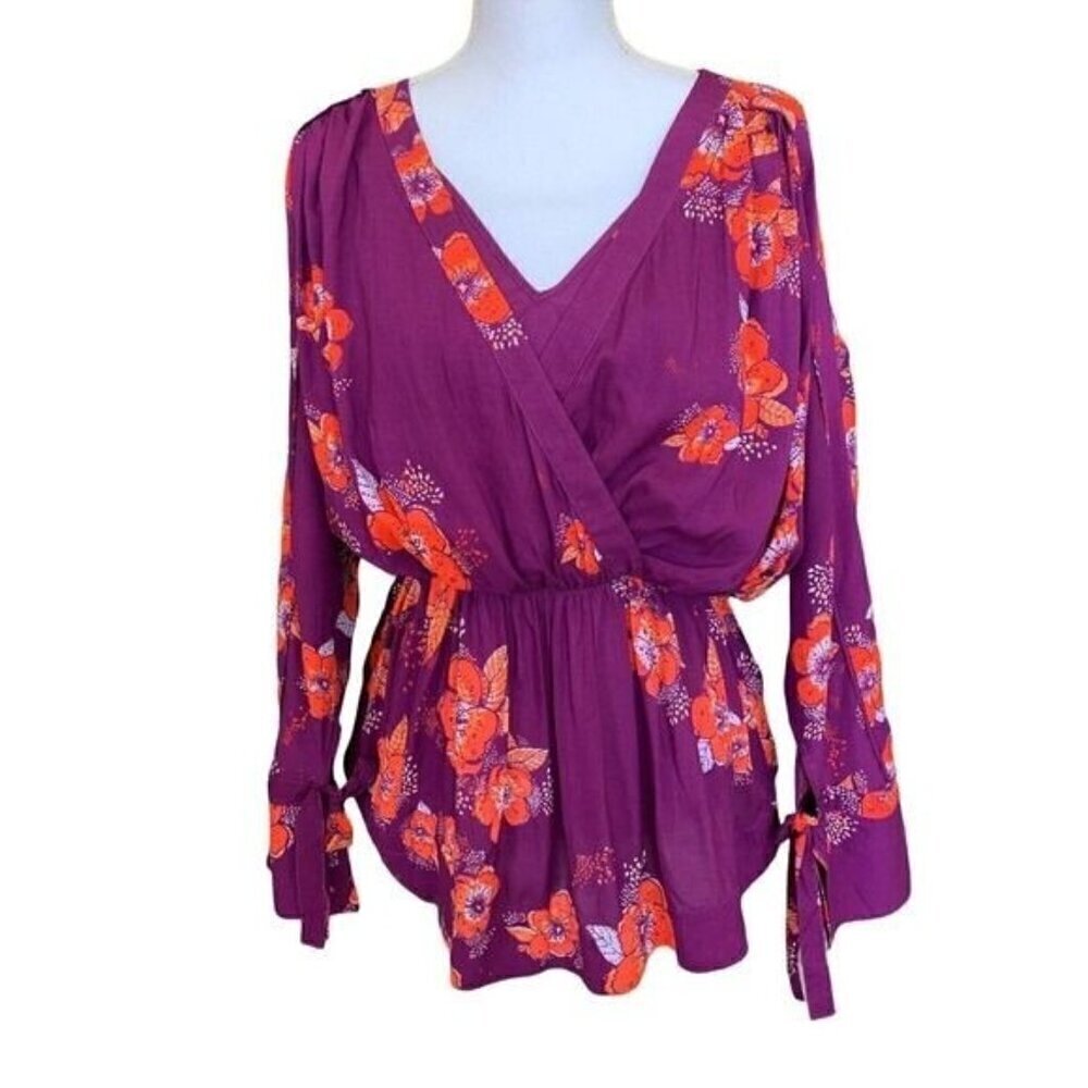 Free People Womens Top XS Tuscan Dreams Purple Orange Floral Tab Roll Sleeves